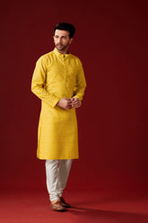 Ensemble pyjama Kurta en coton imprimé jaune pour homme